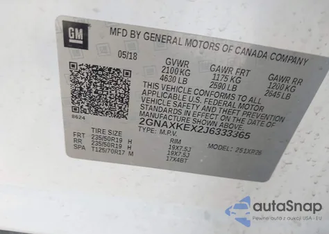 2018 Chevrolet Equinox Lt из США, поврежденный, VIN 2GNAXKEX2J6333365